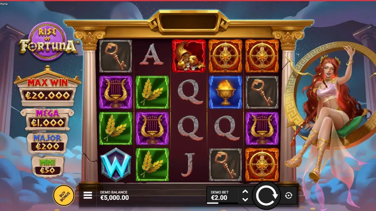 Pemandangan estetika klasik Dewi Fortuna dalam slot Rise of Fortuna