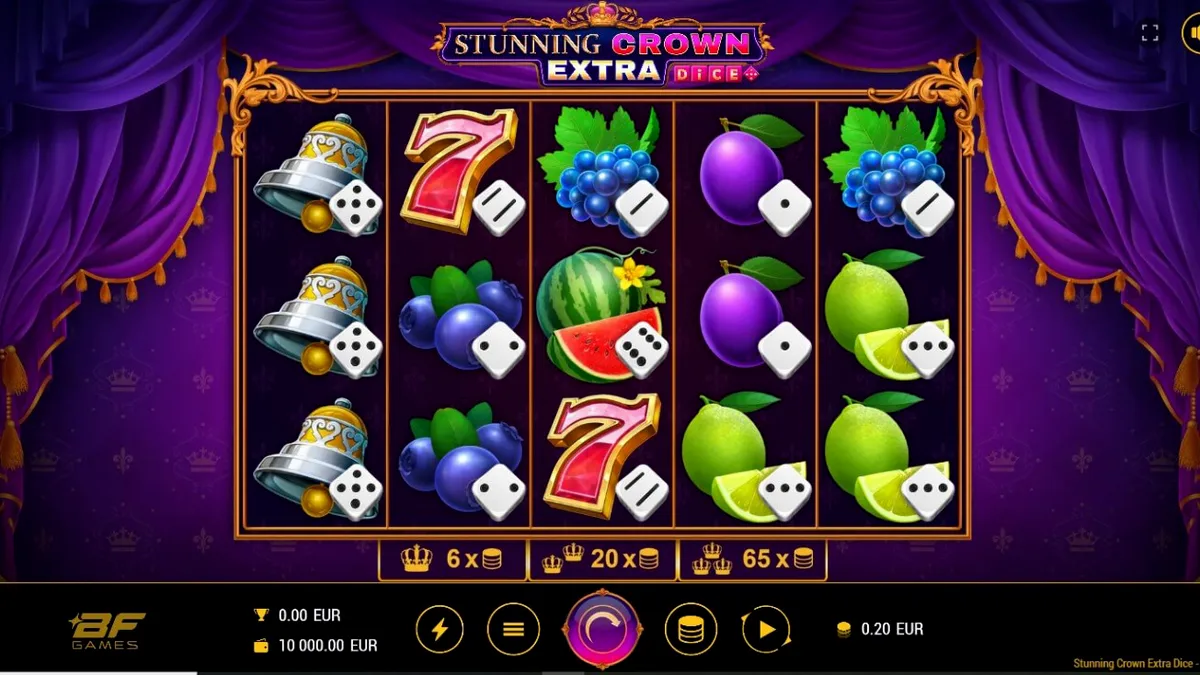 Tampilan visual slot Stunning Crown Extra Dice dengan simbol mahkota dan permata
